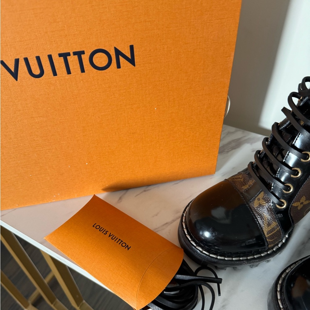 Louis Vuitton Black and Brown Monogram Lace-Up Platform Ankle Boots - Picture 2 of 8